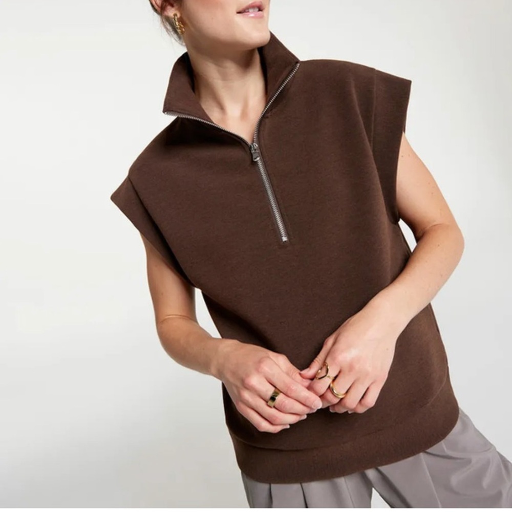 Sleeveless Zip-Front Knit Top - Brown